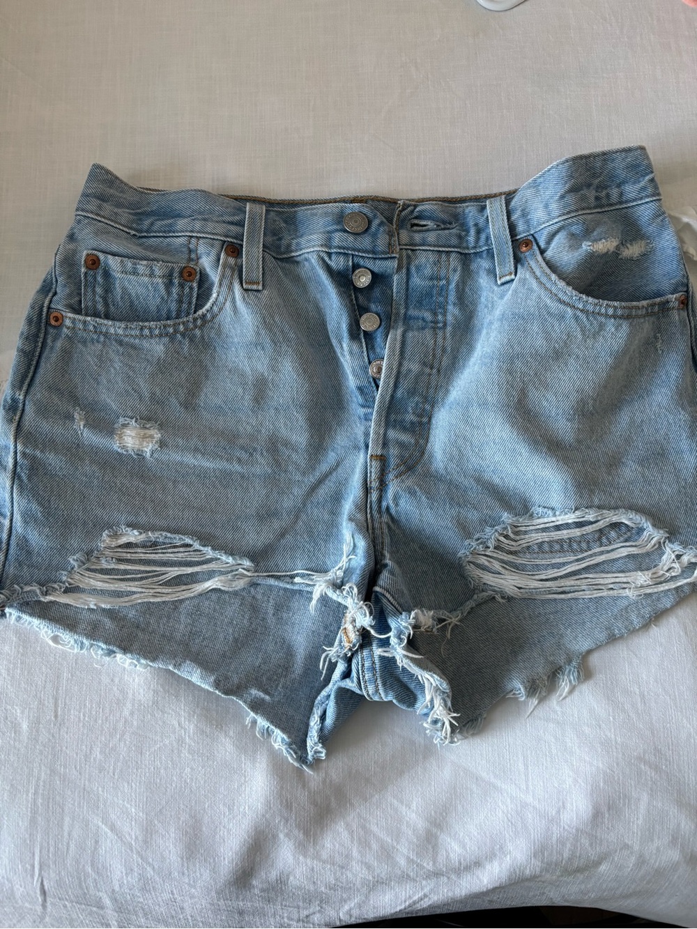 Levi's Light Blue Distressed High-Rise Denim Shorts